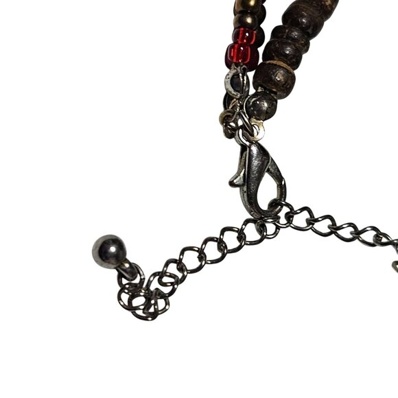 Boho Red Brown Beaded Necklace Teardrop Pendant Gold Tone Swirl Embedded Gems - Picture 7 of 9